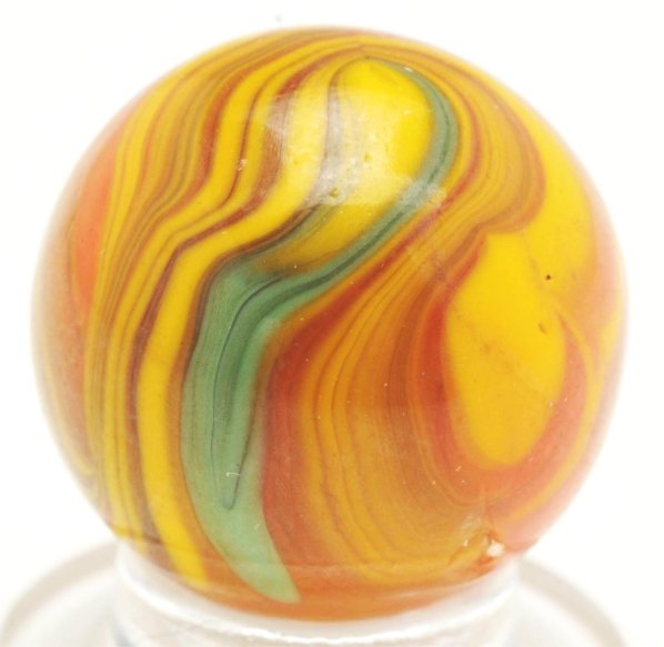 Christensen Agate Submarine Marble.: Crystal base with two pinch lines. Striping inside and out is in electric orange, yellow, and mint green. One shallow chip on one pinch line. Condition (8.8). Size 21/32"" Dia."