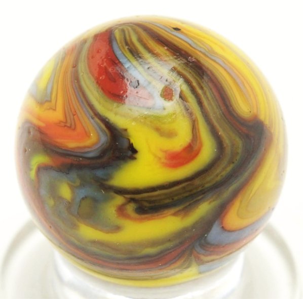 Christensen Agate Striped Opaque Marble.: Yellow base with triple pinch lines that cause more action. Outer lines of color include baby blue, orange, chocolate, red, and gray. Condition (9.8). Size 5/8"" Dia."