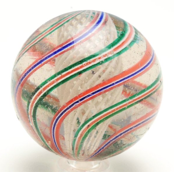 Large White Latticino Swirl Marble.: Outer bands consist of turquoise, red, and white alternating with red, white, and blue bands. Two as-made hot spots and one micro chip. Condition (8.95). Size 2 - 1/32"" Dia."