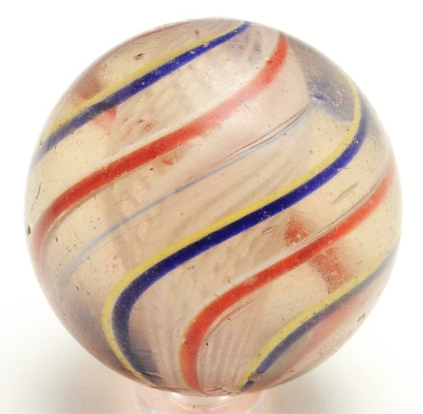 White Latticino Swirl Marble.: Outer bands consisting of cobalt and yellow alternating with red and white. Condition (9.0). Size 2 - 1/16"" Dia."