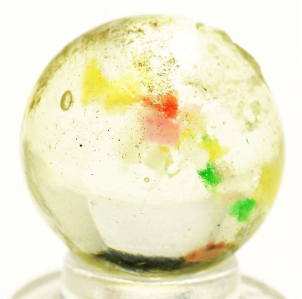Single Pontil Confetti Cloud Marble.: Colors include yellow, white, red, green, and pink. Condition (9.6). Size 21/32"" Dia."