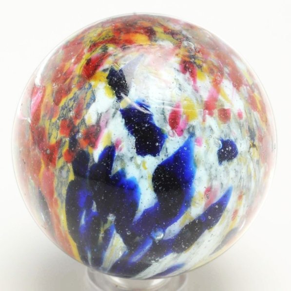 4-Paneled Single Pontil End-of-Day Marble.: Two opposing panels of deep cobalt blue, pink, and yellow opposing two panels that meet at top in white, red, and yellow. Very striking marble overall. Surface has minor as-made micro hot spots and on