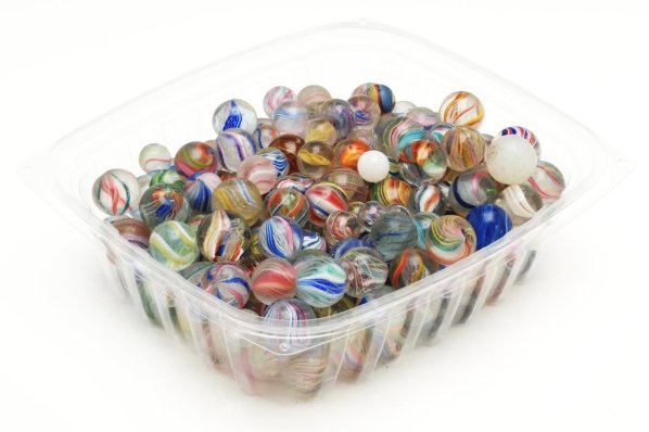 Lot of 200+ Assorted Marbles.: This lot includes many peewee swirls, onionskins, a variety of swirls (including two end of canes), transitional marbles, opaques, double pontil slags, one submarine Indian, two machine-made Akro spar