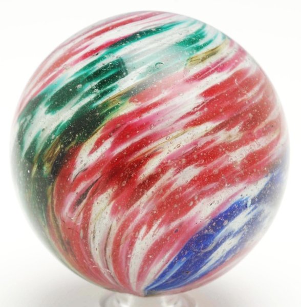 4-Paneled Onionskin Marble.: Two opposing panels of pink and white, one panel in turquoise and white, and one panel in cobalt and white. This marble has been polished with minor damage still showing. Condition (Polished). Size 2 