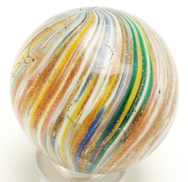 Large Onionskin Lutz Marble.: White base with turquoise, pink, green, yellow, and loaded with lutz. This marble has been polished and damage is still showing. Condition (Polished). Size 1 - 1/4"" Dia."