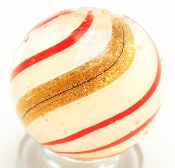 White Opalescent Banded Lutz Marble.: Semi-translucent white base with red lines. Several minor flea bites. Condition (8.8). Size 7/8"" Dia."