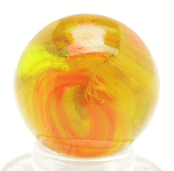 Christensen Agate Submarine Marble.: Double pinch line with clear transparent base, electric orange, and yellow. Nice looping of colors in a diaper fold effect. Condition (9.8). Size 5/8"" Dia."