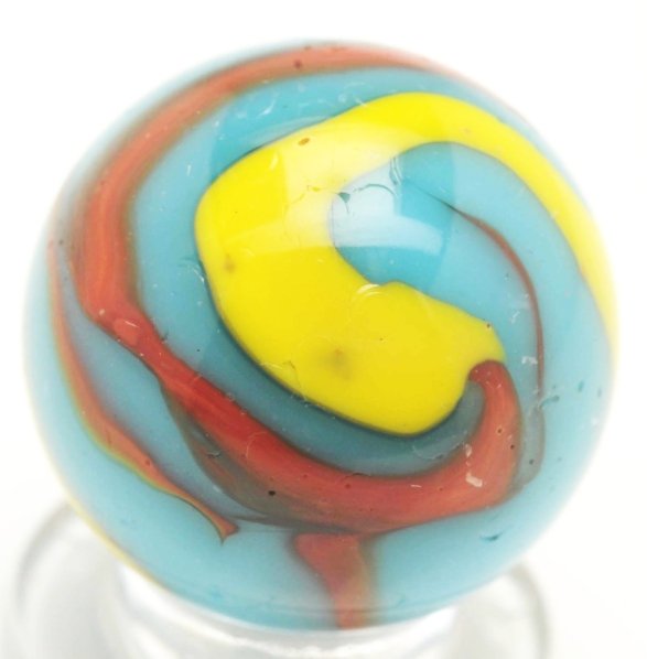 Peltier Superman Marble.: Baby blue base with yellow and red. Marble surface has tiny flea bites. Condition (8.8). Size 3/4"" Dia."
