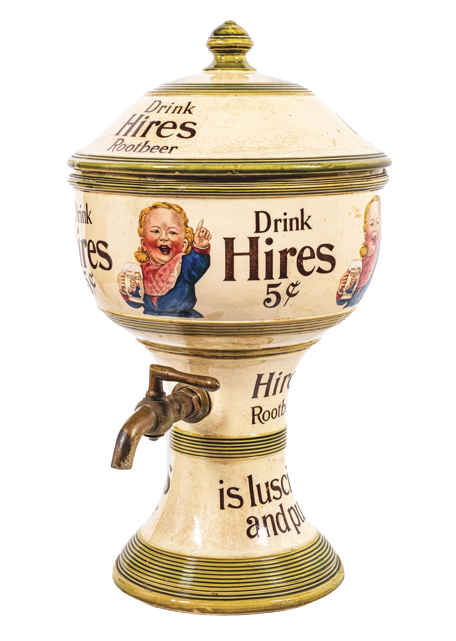 INCREDIBLE HIRES ROOT BEER SYRUP DISPENSER W/ UGLY KID GRAPHICS: A stunning example of this green version of the ceramic syrup dispenser from Hires Root Beer, featuring the company logo and ugly kid graphics on all sides. This piece retains its original metal spigo