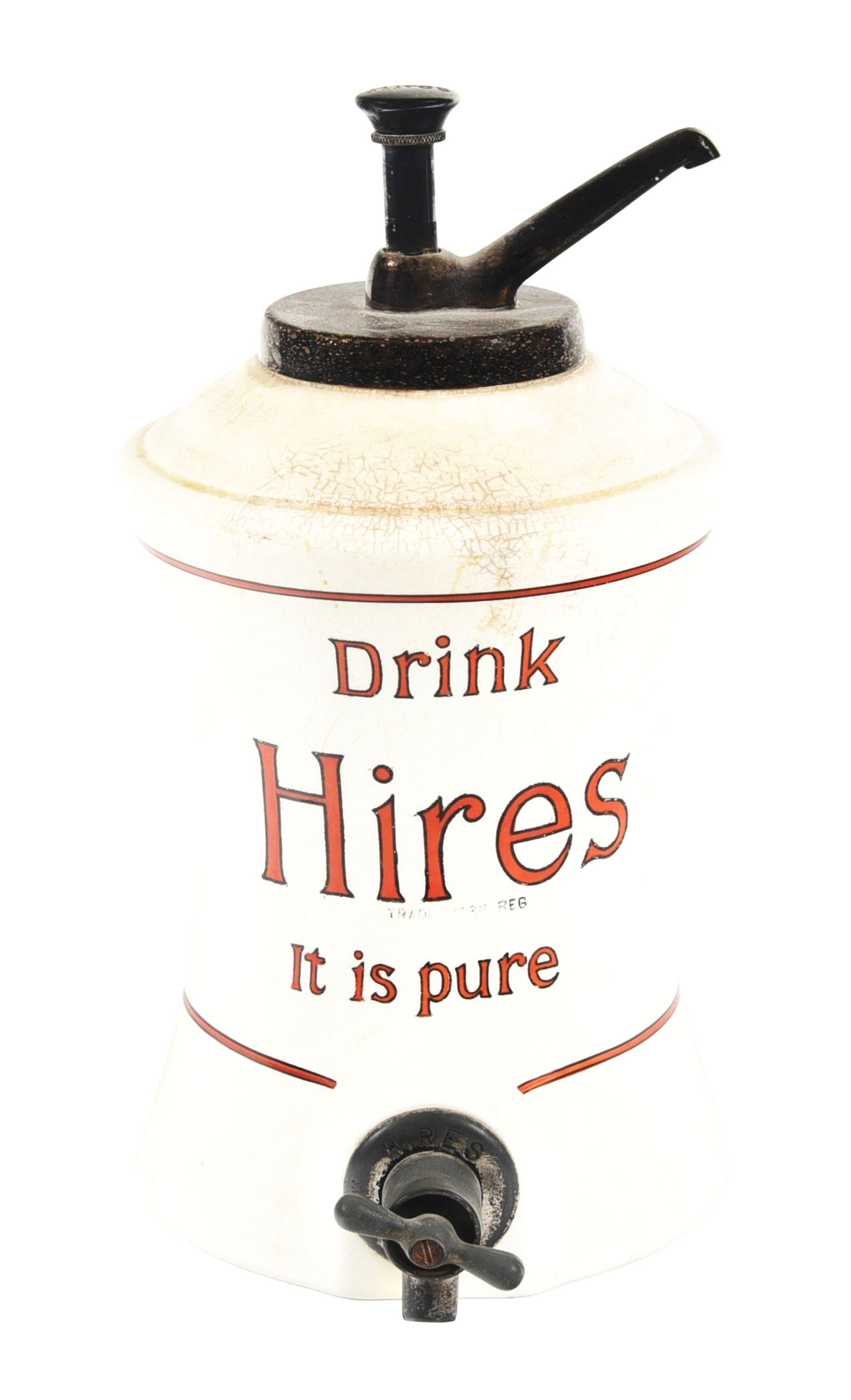 HIRES ROOT BEER SYRUP DISPENSER: An uncommon version of this desirable ceramic syrup dispenser from Hires Root Beer, featuring the iconic company logo. CONDITION: The ceramic body of the dispenser itself remains intact and very nice.