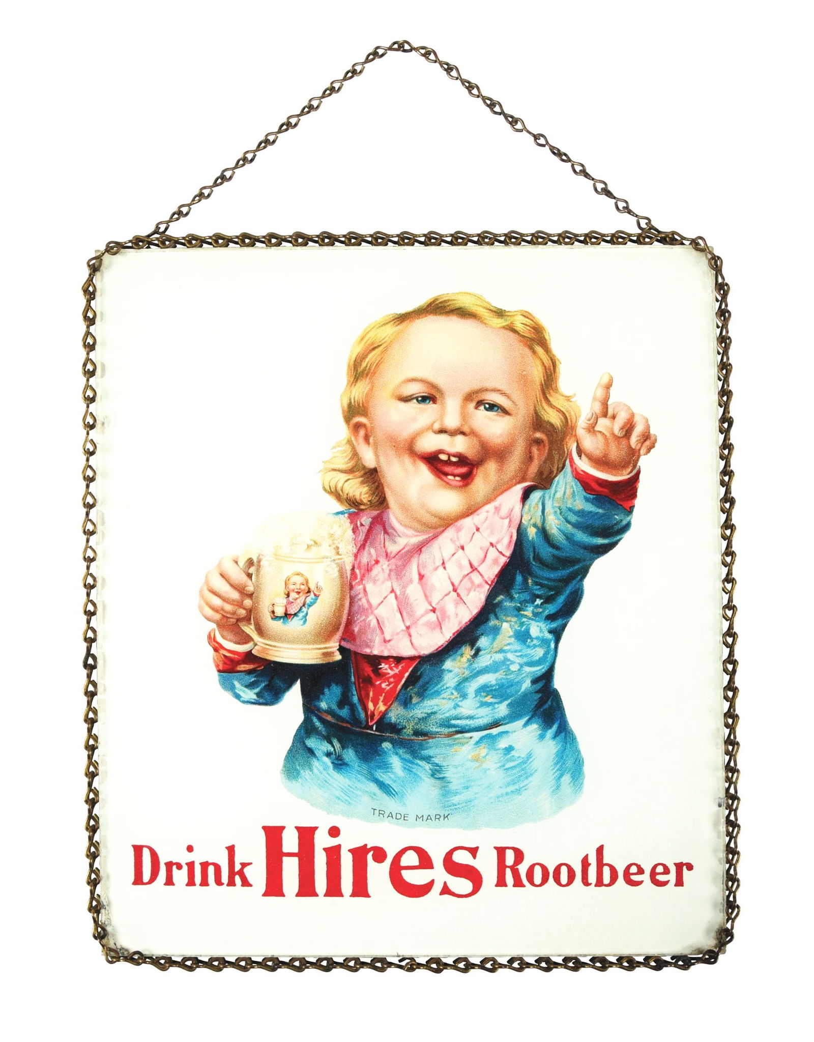 C. 1900 HIRES ROOT BEER REVERSE ON GLASS SIGN: A nice example of this reverse on glass sign from Hires Root Beer, featuring a wonderful ugly kid graphic. This piece retains its original chain hanger. CONDITION: This is a strong displaying example.