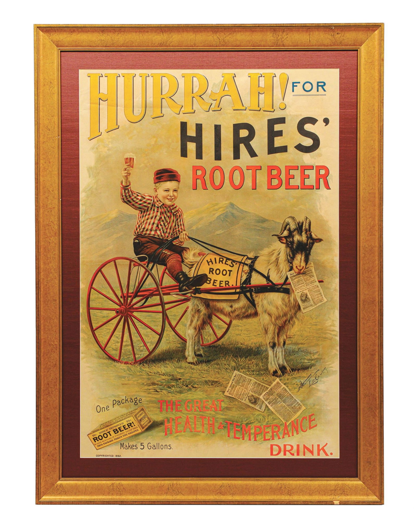 EXTREMELY EARLY "HURRAH! FOR HIRES' ROOT BEER" PAPER LITHOGRAPH W/ LITTLE BOY GRAPHIC (1 of 3)