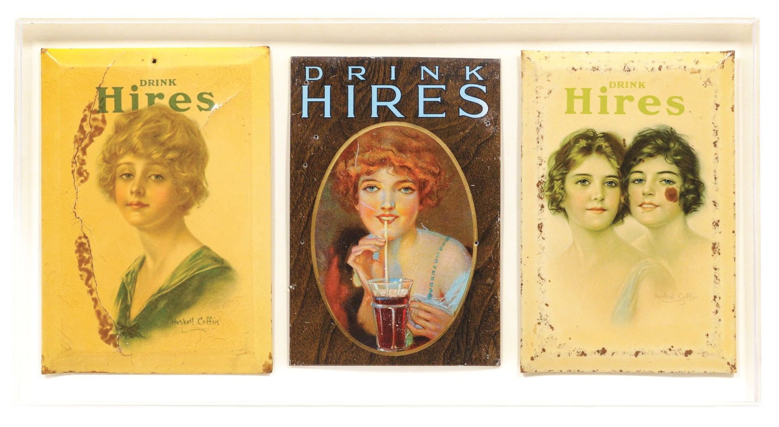 COLLECTION OF 3 TIN-OVER-CARDBOARD HIRES ROOT BEER ADVERTISING SIGNS (1 of 2)