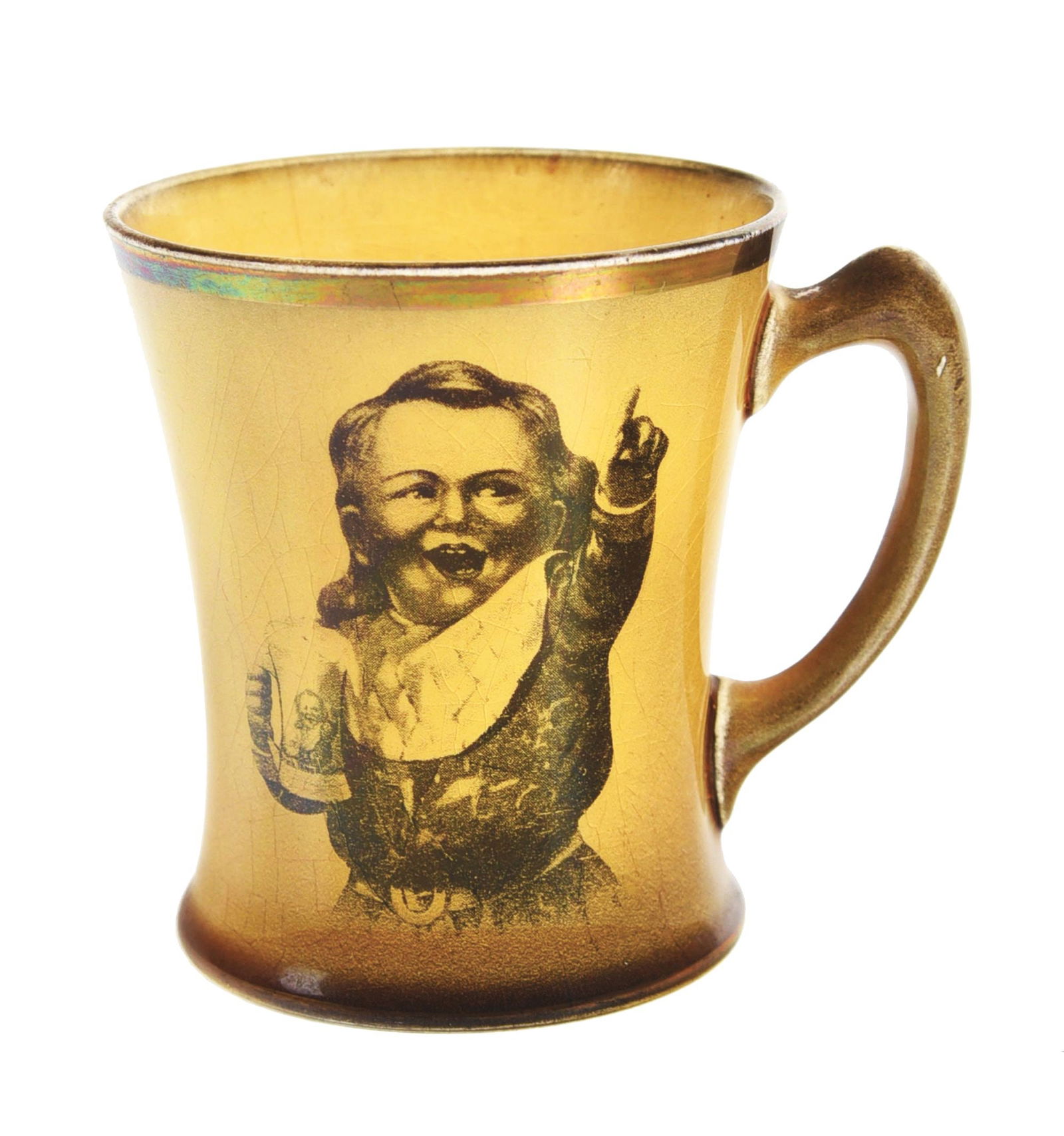 RARE HIRES ROOT BEER CERAMIC MUG W/ UGLY KID GRAPHIC: A seldom seen and rare version of this Hires Root Beer ceramic mug, featuring the company logo on one side and the ugly kid graphic on the other. This piece is marked "Drink Hires" and "Ridgeway Engla