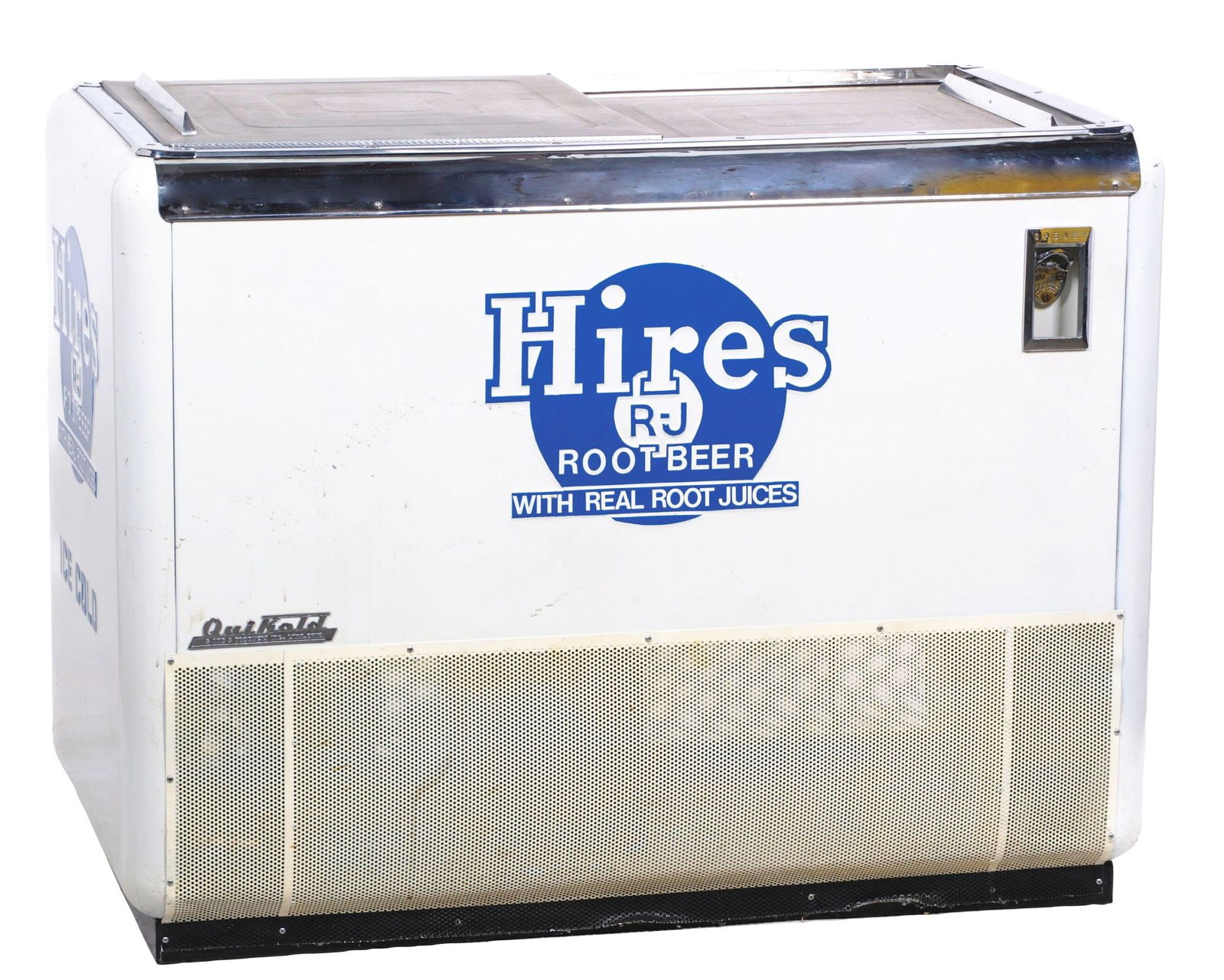 HIRES ROOTBEER COOLER: A nice example of this c. 1950s Hires Root Beer cooler made by QuiKold. The Hires logo is embossed and the original bottle opener is still intact. CONDITION: The body of this cooler remains nice and o
