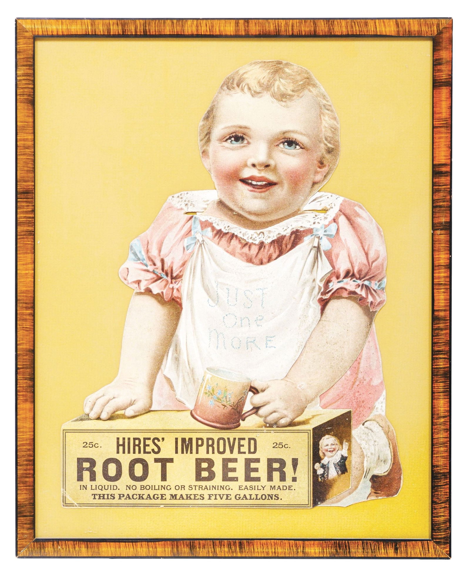 HIRES ROOT BEER DIE-CUT CARDBOARD SIGN W/ TODDLER GRAPHIC: SSC. A nice example of this early die-cut cardboard sign from Hires Root Beer, featuring a toddler graphic and a small ugly kid graphic. CONDITION: This piece has been professionally framed behind gla