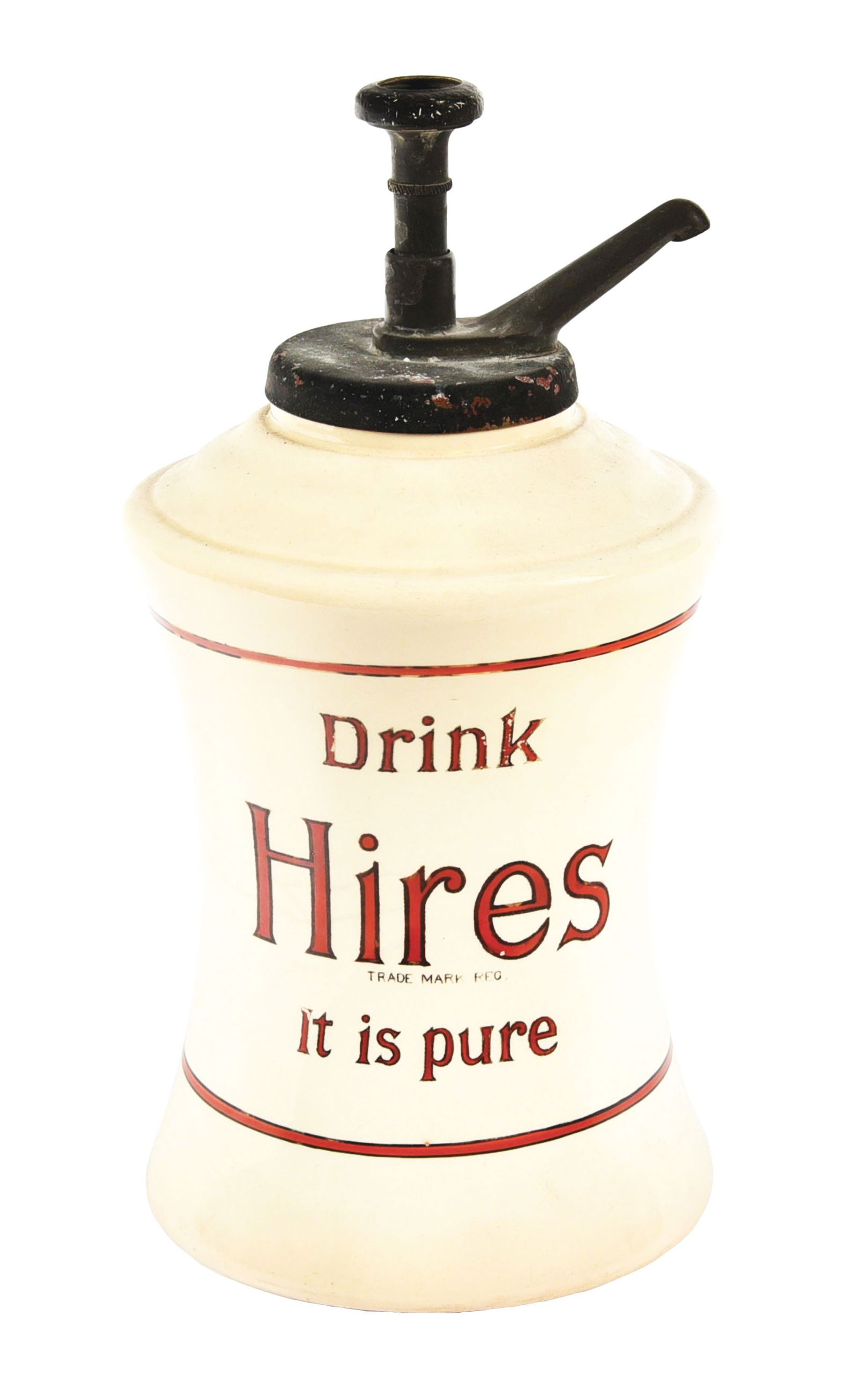 CERAMIC HIRES ROOT BEER SYRUP DISPENSER: A nice example of this early ceramic dispenser from Hires Root Beer, featuring the iconic company logo. CONDITION: The body of this ceramic dispenser retains good color and shine. There are areas of l
