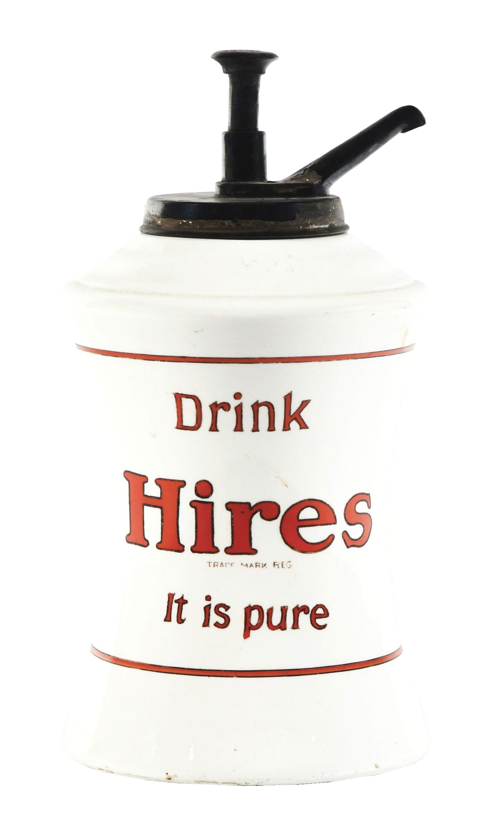 HIRES ROOT BEER CERAMIC SYRUP DISPENSER: A nice example of this desirable ceramic syrup dispenser from Hires Root Beer, including its original metal syrup pump. CONDITION: The ceramic body of the dispenser shows age appropriate crazing to th