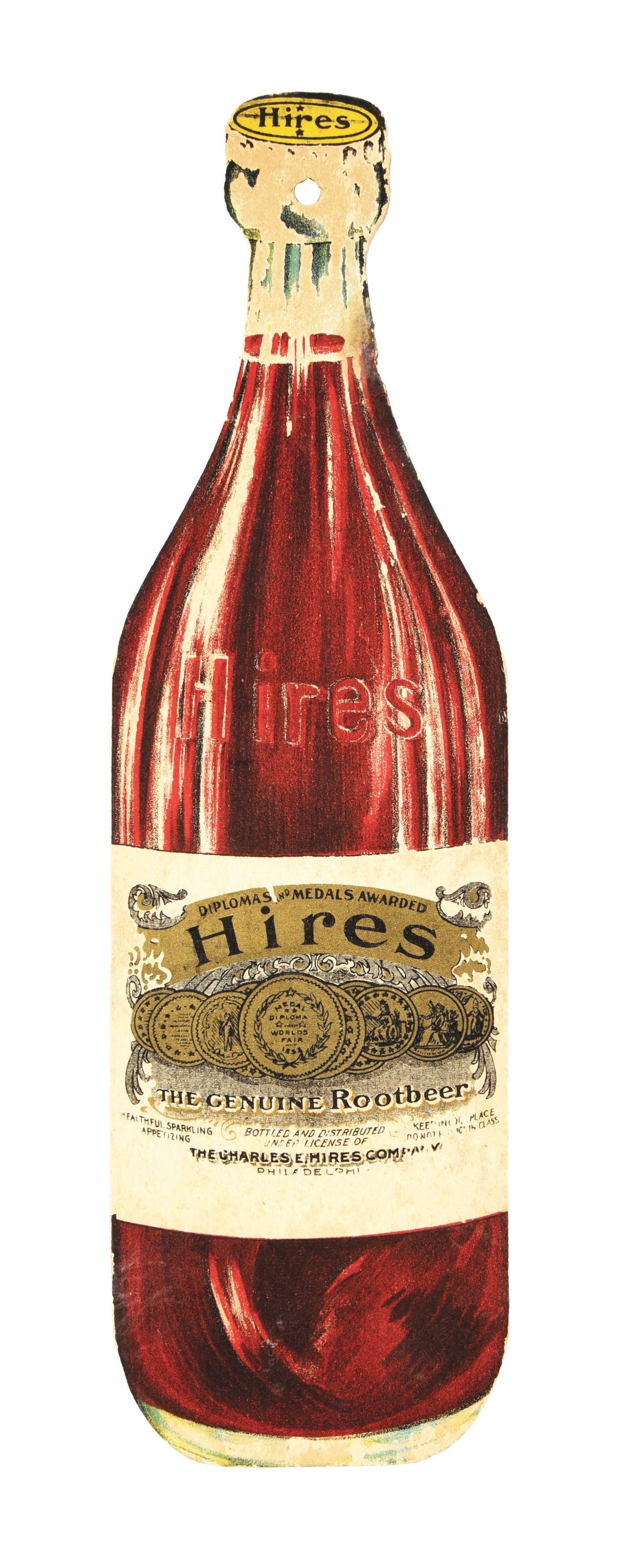 DIE-CUT CARDBOARD HIRES ROOT BEER BOTTLE STRING HANGER: An early and seldom seen example of this double-sided cardboard string hanger from Hires Root Beer, featuring a wonderful die-cut bottle. CONDITION: Side 1, retains good colors with light yellowing to