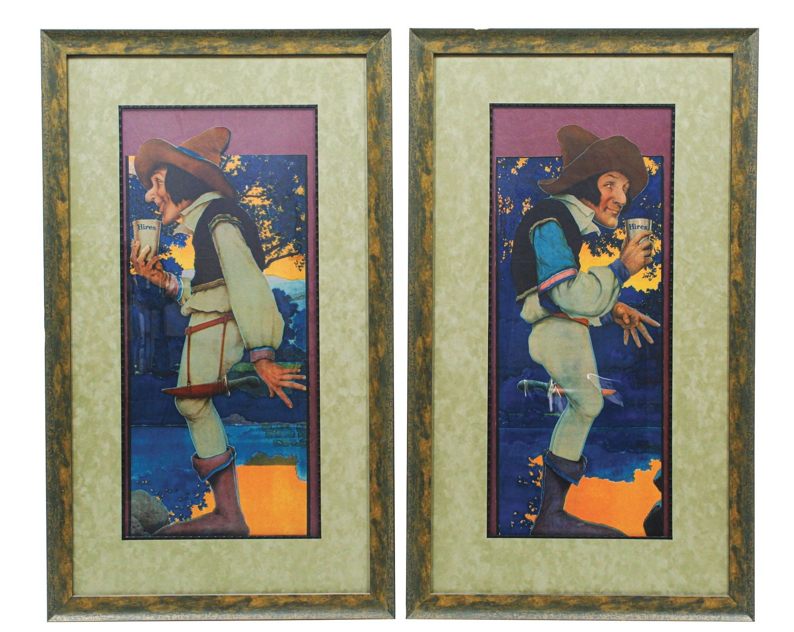 COLLECTION OF 2 RARE MAXFIELD PARRISH HIRES ROOT BEER PAPER LITHOGRAPHED ADVERTISEMENTS: A collection of two c. 1920s Hires Root Beer framed paper lithographs by artist Maxfield Parrish. CONDITION: (A) The sign has good color throughout with two horizontal fold lines running across the pi
