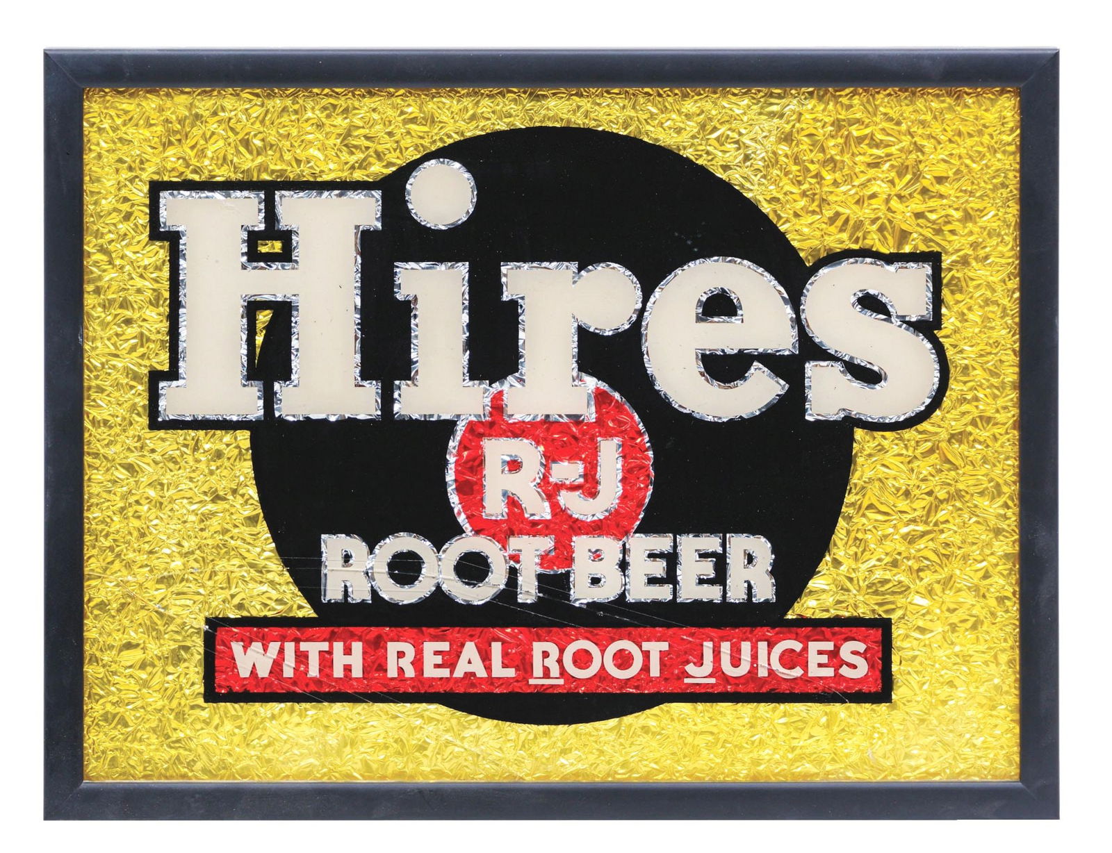 HIRES ROOT BEER REVERSE PAINTED GLASS & FOIL SIGN: An uncommon example of this reverse painted glass with foil sign from Hires Root Beer, featuring the iconic company logo. CONDITION: This sign has been put in a modern frame at some point in the past,