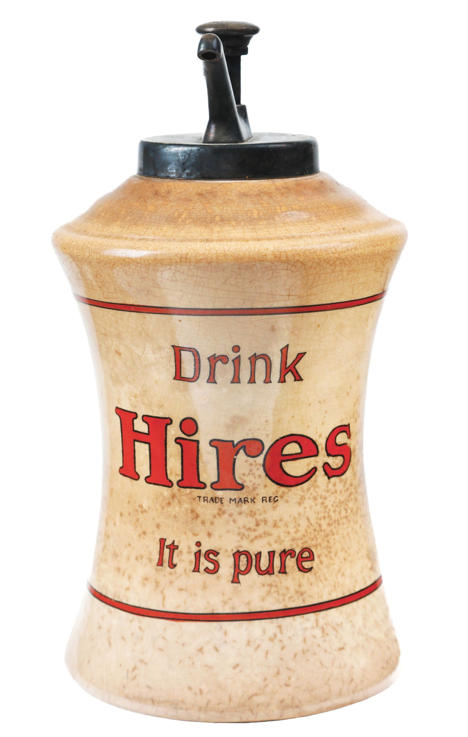 DRINK HIRES IT IS PURE CERAMIC SODA PUMP: A nice example of this C. 1920's Hires Root Beer ceramic syrup dispenser with its original syrup pump featuring the iconic company logo. CONDITION: The body of the dispenser shows crazing to the outer