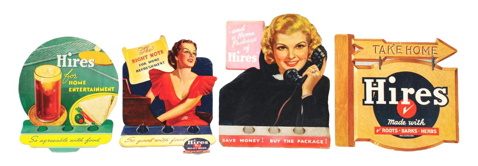 COLLECTION OF 4 HIRES ROOT BEER BOTTLE DISPLAYS & DIE-CUT SIGN: A nice collection of 4 c. 1940s and 1950s Hires Root Beer bottle displays and a die-cut element. CONDITION: The three bottle displays all remain intact, and display well. There are areas of staining a