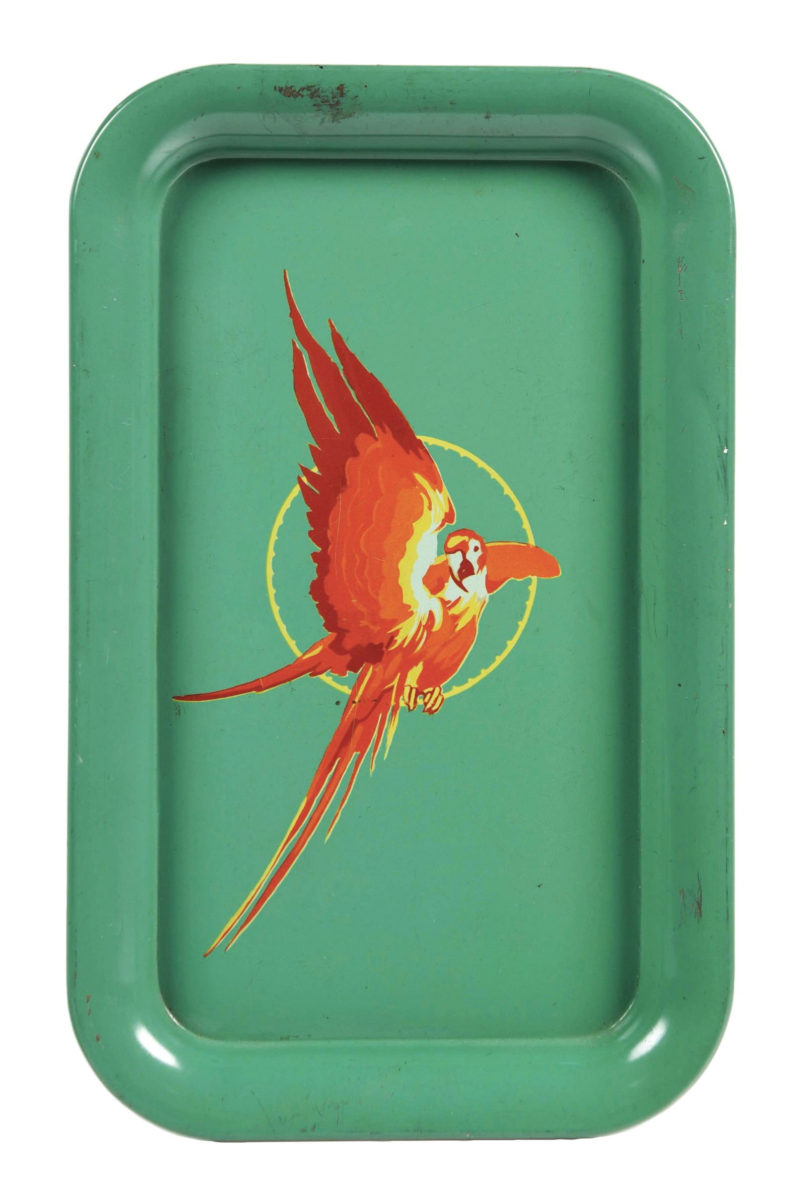 HIRES ROOT BEER TIN TRAY SIGN W/ PARROT GRAPHIC: SST. The back rim is maker's marked with the Hires logo. A c. 1940s Hires Root Beer painted metal tray sign with excellent parrot graphic. CONDITION: The sign has good color throughout. There are area