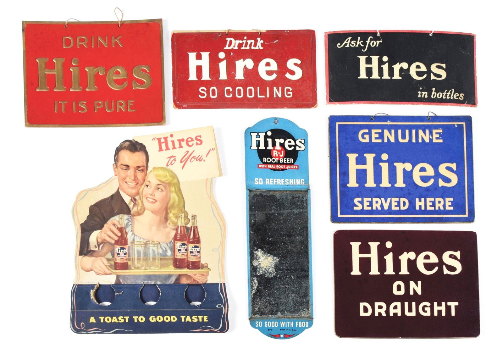COLLECTION OF 7 HIRES ROOT BEER ADVERTISING SIGNS: A nice collection of 7 early Hires Root Beer advertising signs, including five heavy paper string hanger signs, a 6-pack bottle display and a metal mirror. CONDITION: The heavy paper string hanger sig
