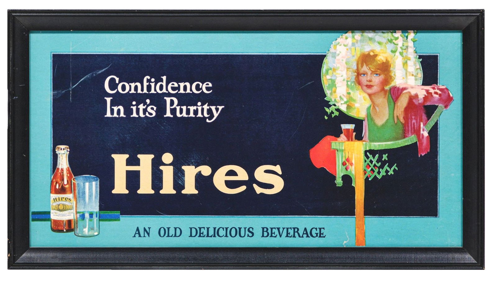 HIRES ROOT BEER CARDBOARD TROLLEY SIGN: SSC. A nice example of this c. 1920s cardboard trolley sign from Hires Root Beer, featuring wonderful color and graphics. This piece has been custom-framed. CONDITION: The field of this cardboard show