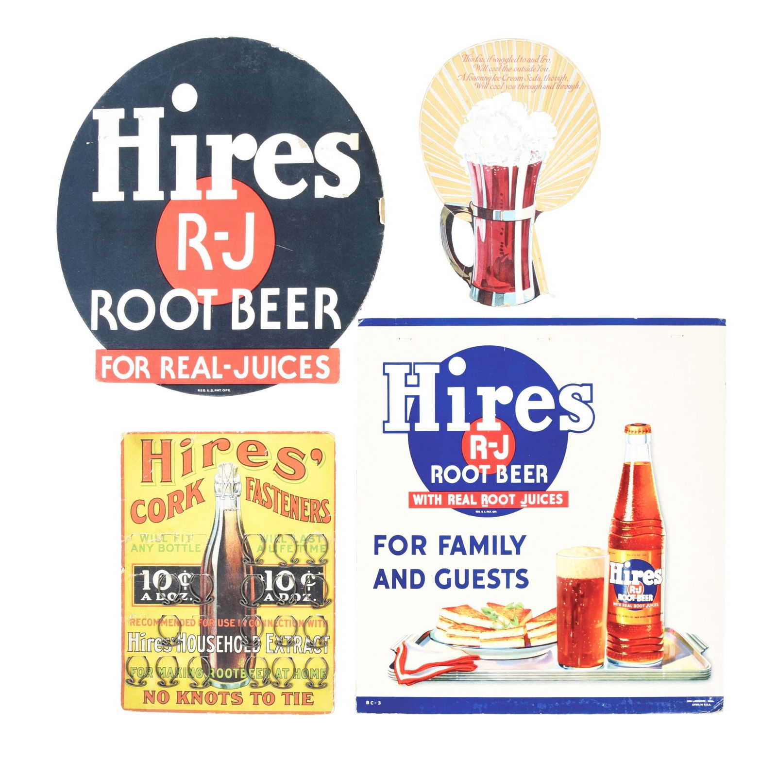 COLLECTION OF 4 HIRES ROOT BEER ADVERTISING ITEMS: A nice collection of 4 Hires Root Beer advertising items, including two cardboard signs, a die-cut advertisement and a cork fastener product display sign. CONDITION: All four of these items remain in