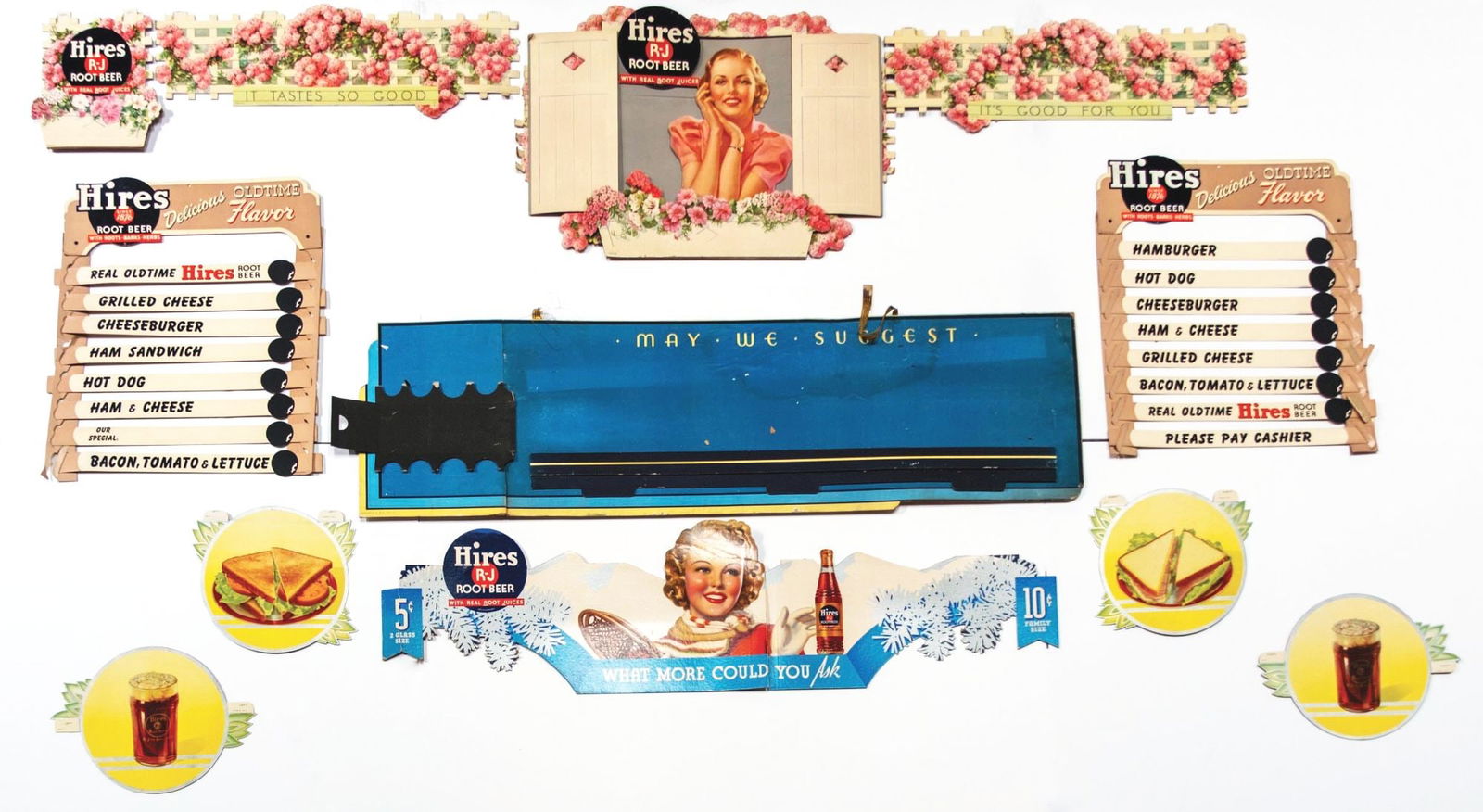 COLLECTION OF 11 HIRES ROOT BEER CARDBOARD & PAPER ITEMS: A nice collection of 11 early Hires Root Beer advertising items, including paper fans, a chessboard, a letterhead and more. CONDITION: All of these items show age appropriate wear with areas of damage