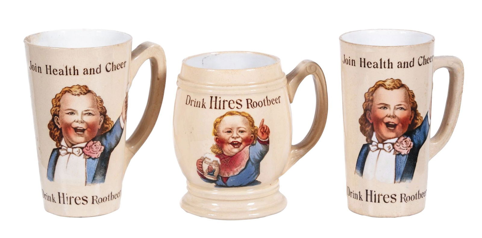COLLECTION OF 3: HIRES UGLY KID MUGS: A nice collection of three mugs from Hires Root Beer, featuring the iconic ugly kid graphic. CONDITION: (A) The first mug remains exceptionally clean. There is one small chip to the ceramic on the out