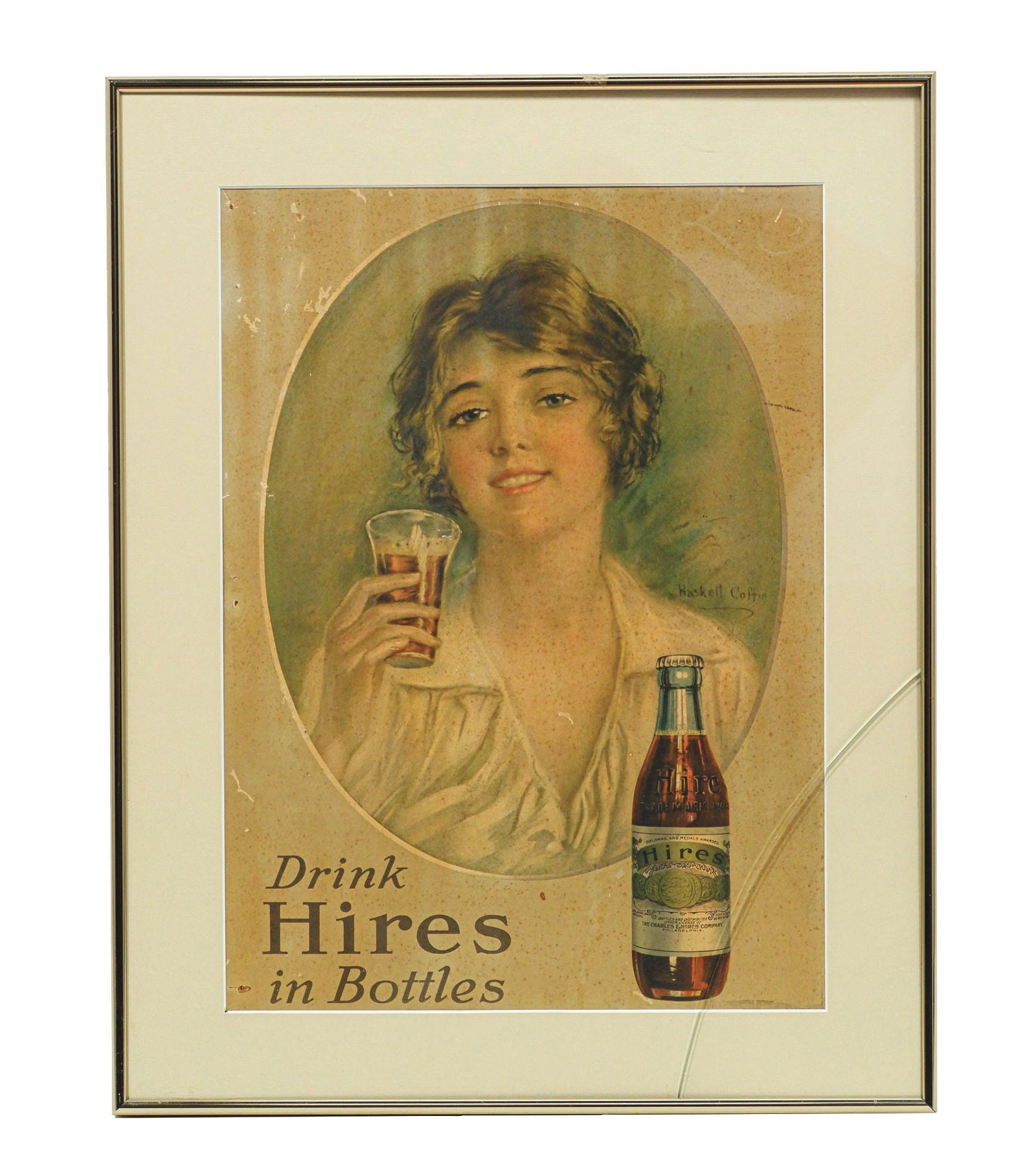 EARLY "DRINK HIRES IN BOTTLES" CARDSTOCK LITHOGRAPH W/ BEAUTIFUL WOMAN GRAPHIC (1 of 2)