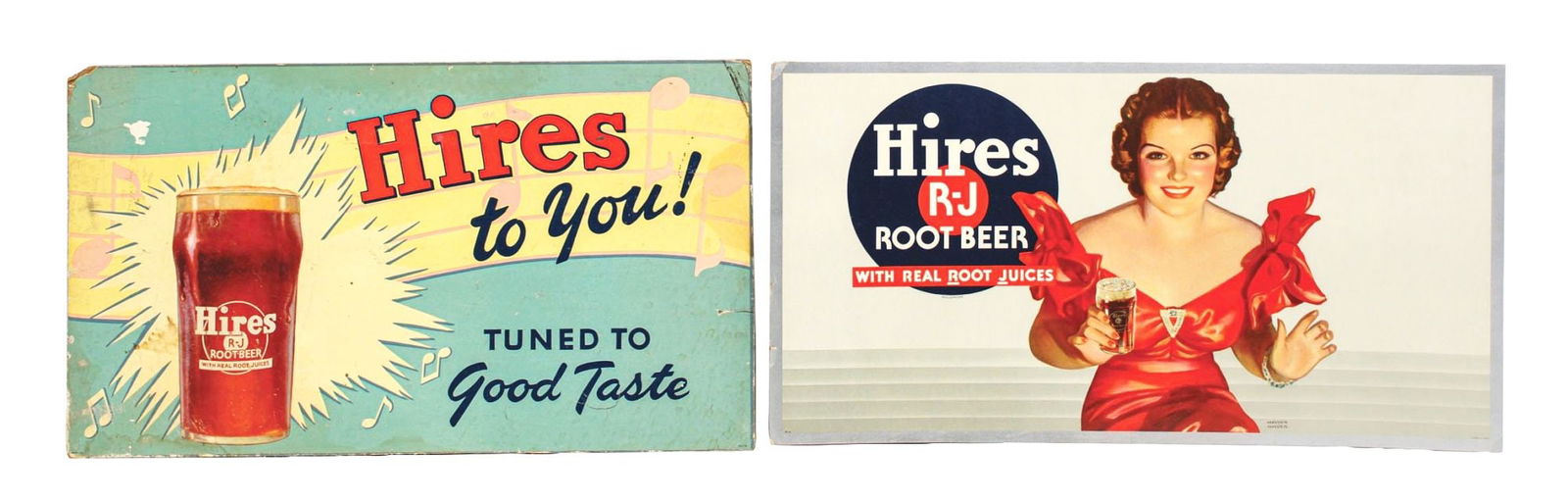 COLLECTION OF 2 HIRES ROOT BEER CARDBOARD ADVERTISING SIGNS: SSC. A nice collection of 2 c. 1940s and 1950s single-sided cardboard signs from Hires Root Beer, featuring wonderful color and graphics. CONDITION: (A) The cardboard with the blue background shows he
