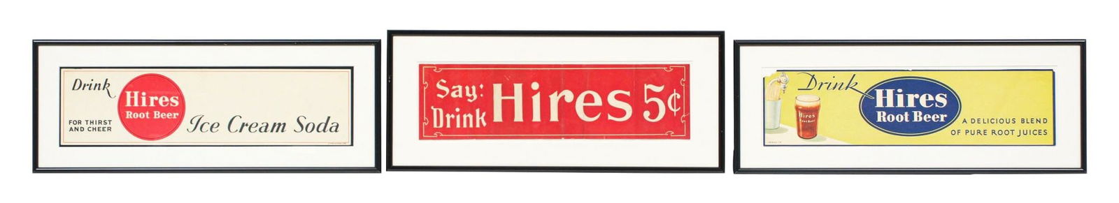 COLLECTION OF 3 HIRES ROOT BEER PAPER LITHOGRAPHS: A collection of three early Hires Root Beer paper lithographs. CONDITION: (A) The sign has fair color throughout with multiple vertical fold lines running throughout the piece. The sign has multiple a
