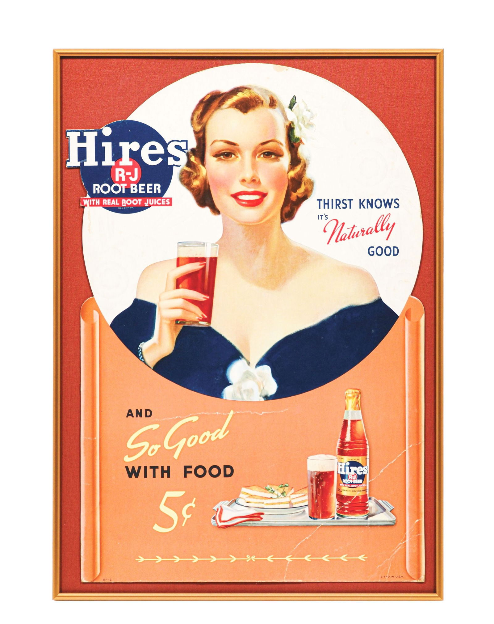HIRES ROOT BEER CARDBOARD LITHOGRAPH W/ BEAUTIFUL WOMAN GRAPHIC: Maker marked "Litho in the U.S.A" A c. 1940s Hires Root Beer "Thirst Knows It's Naturally Good" cardboard lithograph display. CONDITION: The cardboard has good color throughout with minor surface blem