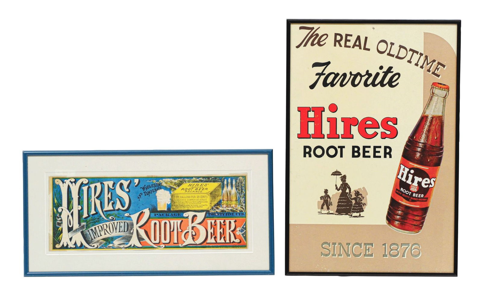 COLLECTION OF 2 HIRES ROOT BEER LITHOGRAPHS W/ VARIOUS GRAPHICS: A collection of two Hires Root Beer framed lithographs. CONDITION: (A) The sign has good color with very minor staining in the inner and outer fields. There is very minor paint loss at the bottom edge
