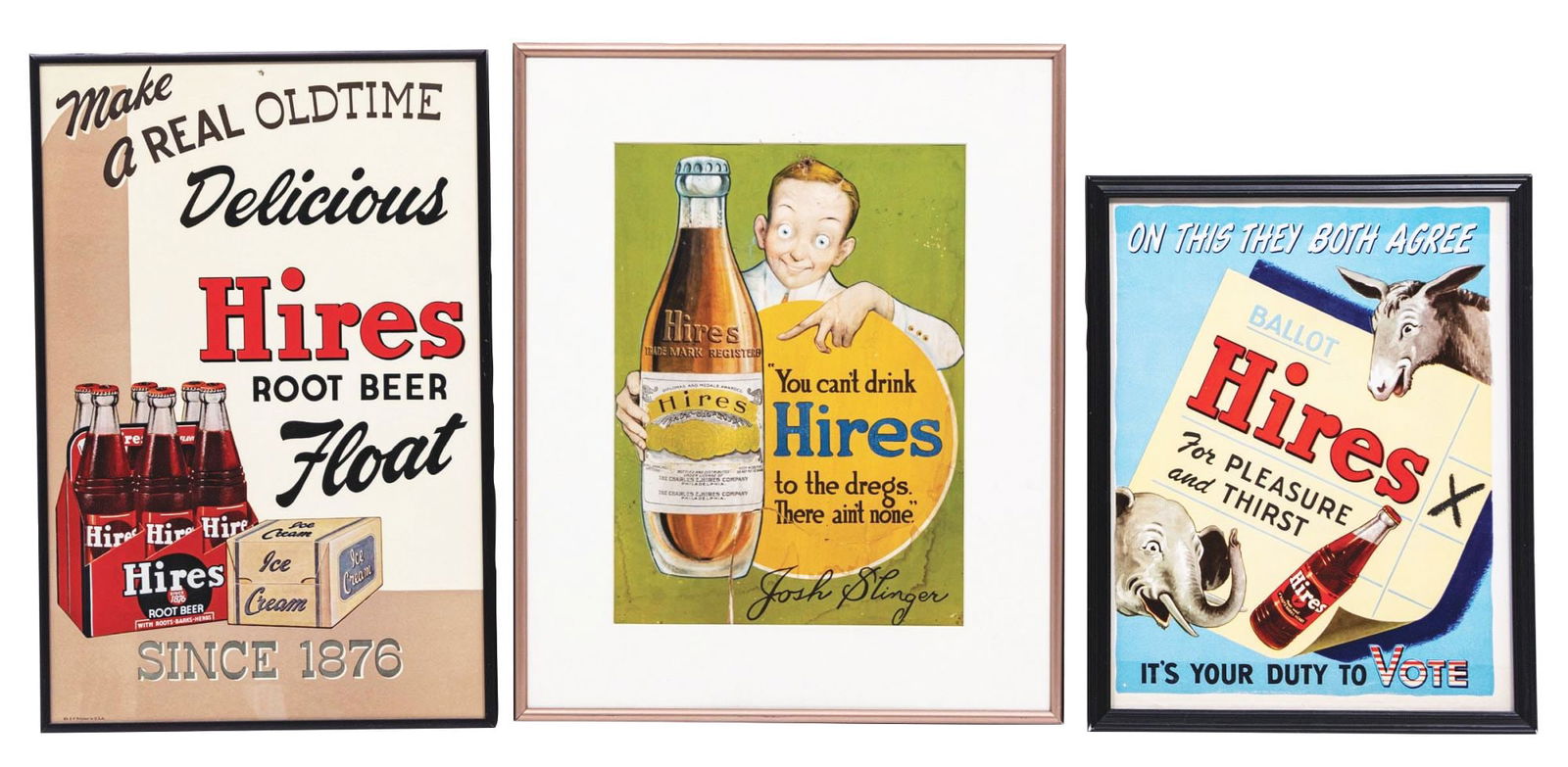COLLECTION OF 3 HIRES ROOT BEER CARDBOARD & PAPER SIGNS: A nice collection of 3 Hires Root Beer framed paper and cardboard advertisements. These signs have been custom-framed behind glass. CONDITION: (A) The Josh Slinger advertisement shows heavy discolorat
