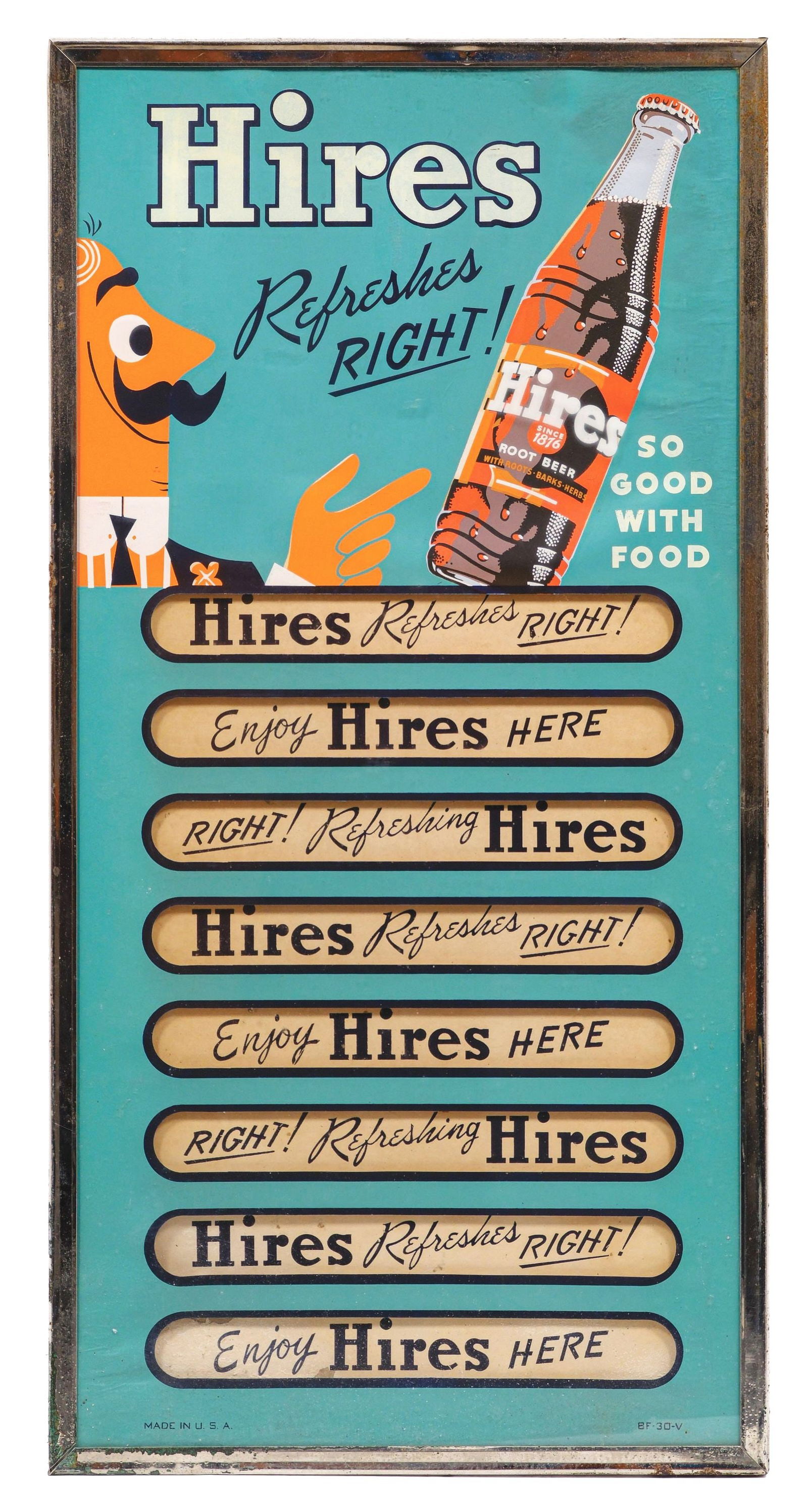 HIRES ROOT BEER MENU BOARD: An nice example of this glass menu board with cardboard inserts. CONDITION: The cardboard inserts remain vibrant and eye-catching with good color throughout. The menu board insert slots show staining