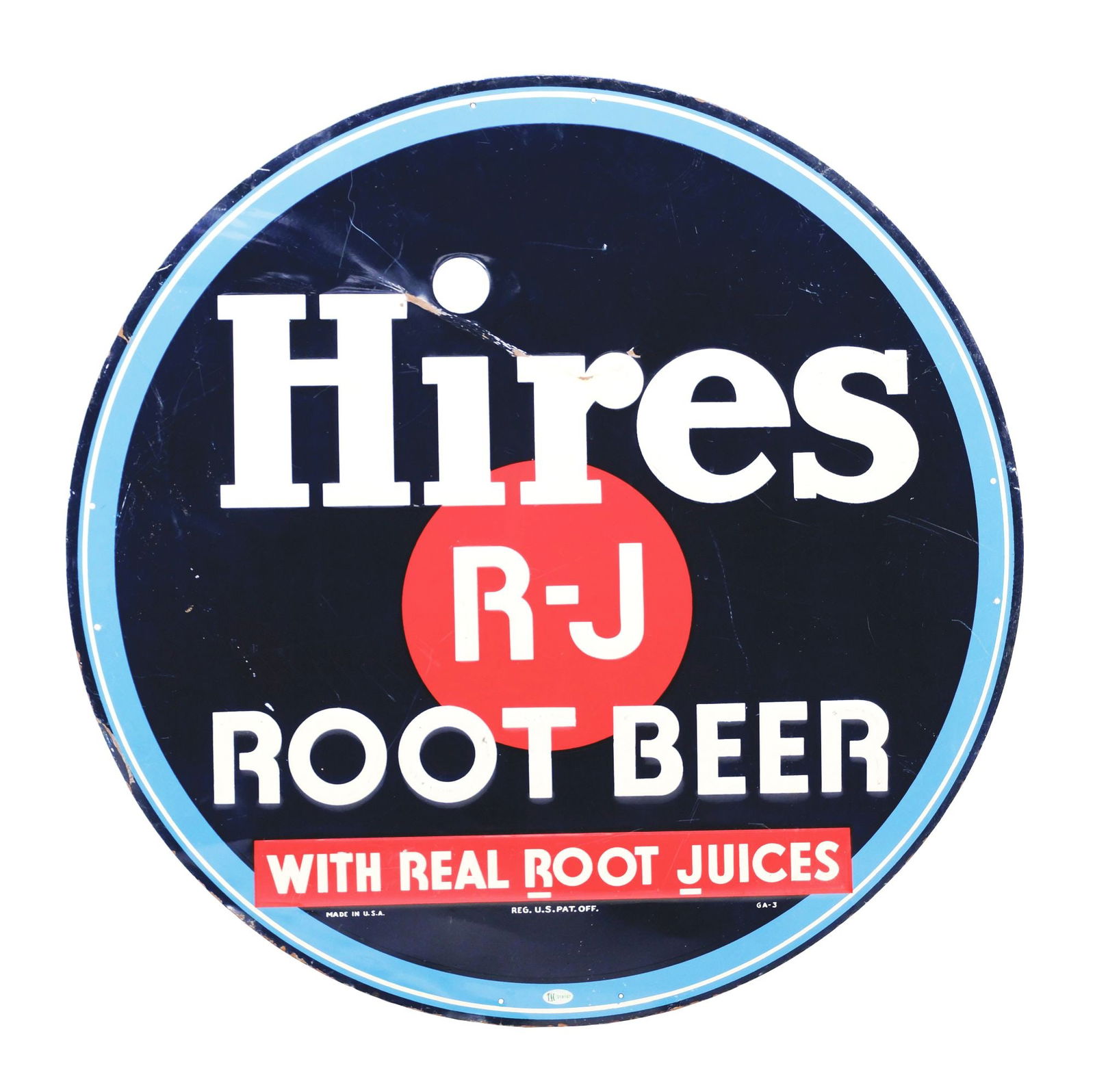HIRES ROOT BEER SINGLE-SIDED EMBOSSED TIN SIGN.: SST. Maker marked "GA-3." A c. 1950s Hires RJ Root Beer single-sided embossed tin sign. CONDITION: The sign has fair color and shine throughout with significant areas of surface scratching and scratch