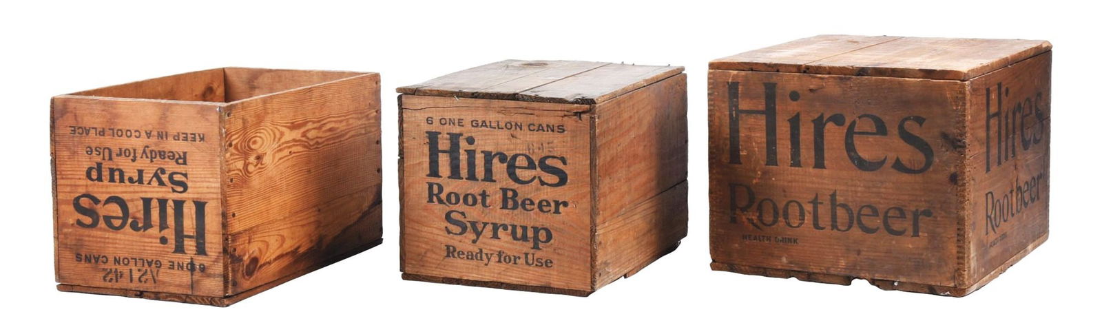 COLLECTION OF 3 HIRES ROOT BEER SYRUP JUG CRATES: A nice collection of 3 early wooden syrup jug crates from Hires Root Beer, featuring the company logo. CONDITION: All three of these crates show similar age appropriate wear to the wood. The stenciled