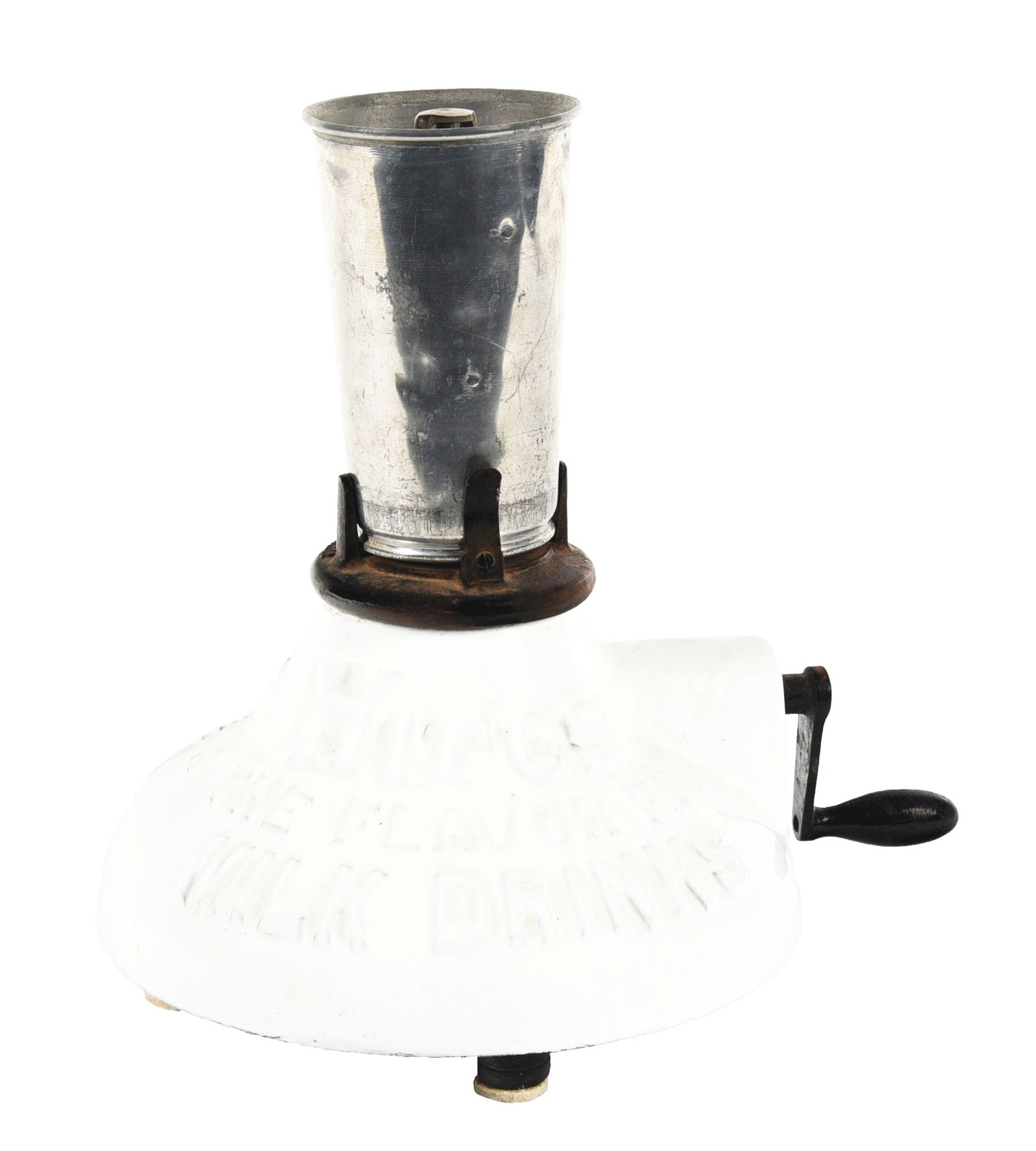 HIRES ROOT BEER MIXER FOR MILK DRINKS: A c. 1920s Hires milk drinks mixer. CONDITION: An excellent early Hires milk drinks mixer with surface staining around the base. The piece includes all the hardware and mixing cup, but the crank does 