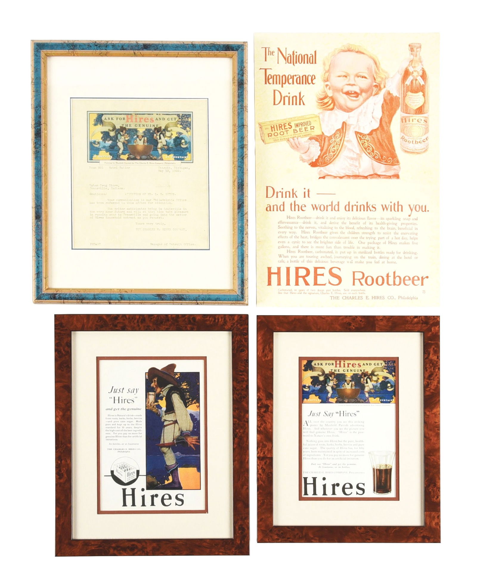 COLLECTION OF 4 HIRES ROOT BEER ADVERTISING ITEMS: A nice collection of 4 paper advertising items from Hires Root Beer, including three magazine ads featuring the work of famed illustrator Maxfield Parrish and a colorful letterhead. CONDITION: The let