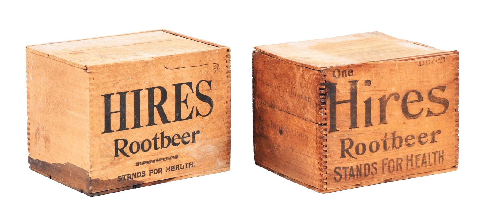 COLLECTION OF 2 EARLY HIRES ROOT BEER WOOD CRATE BOXES: A nice collection of 2 early wood shipping boxes for Hires Root Beer products, featuring an early logo with dovetail construction. CONDITION: These boxes show age appropriate patina and display well.