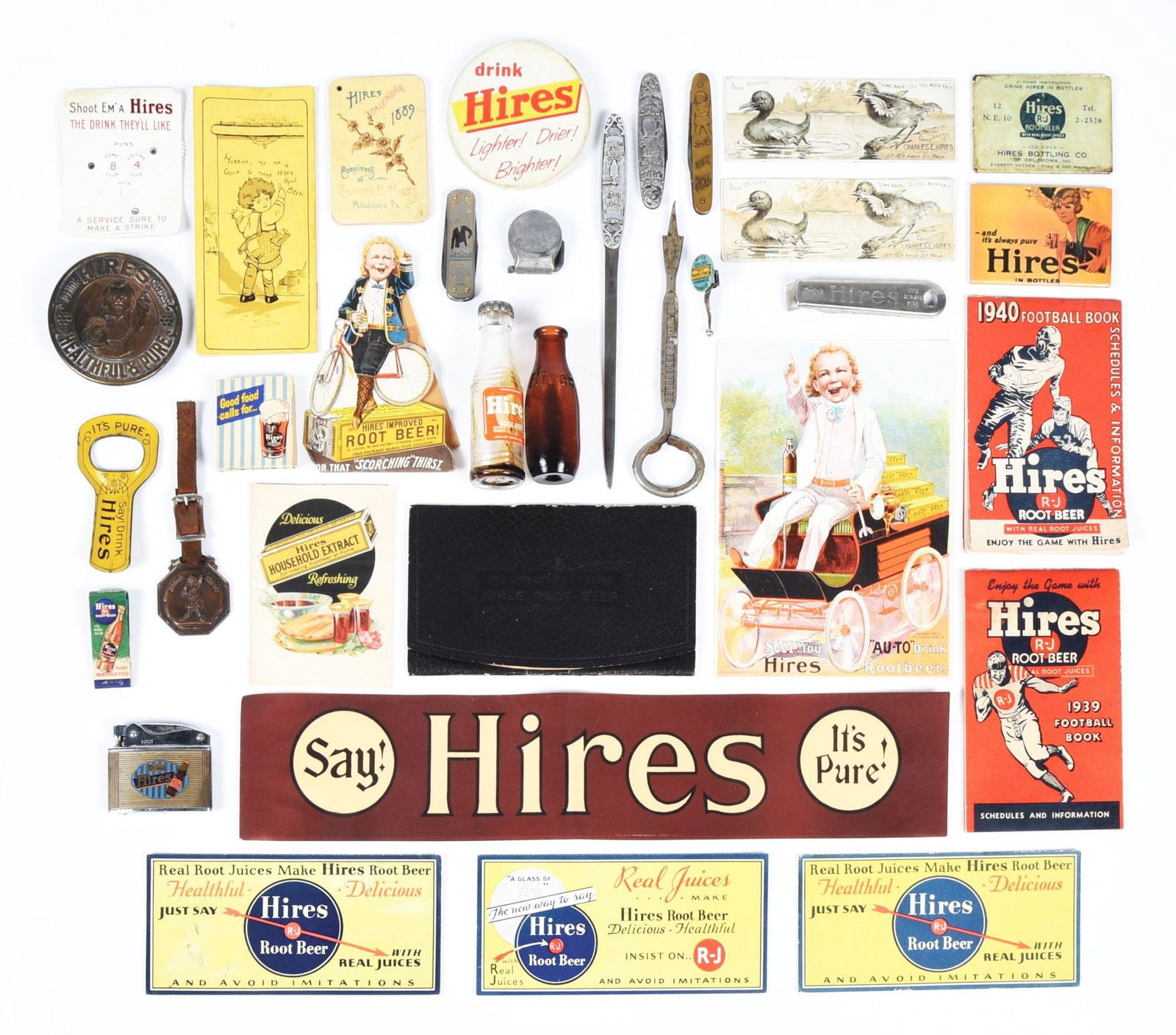 COLLECTIONS OF HIRES ROOT BEER ADVERTISING ITEMS: A nice collection of early smalls from Hires Root Beer, including pocket knives, letter openers, bottle openers, small booklets and a paper sign. This diverse collection shows a wide variety of early