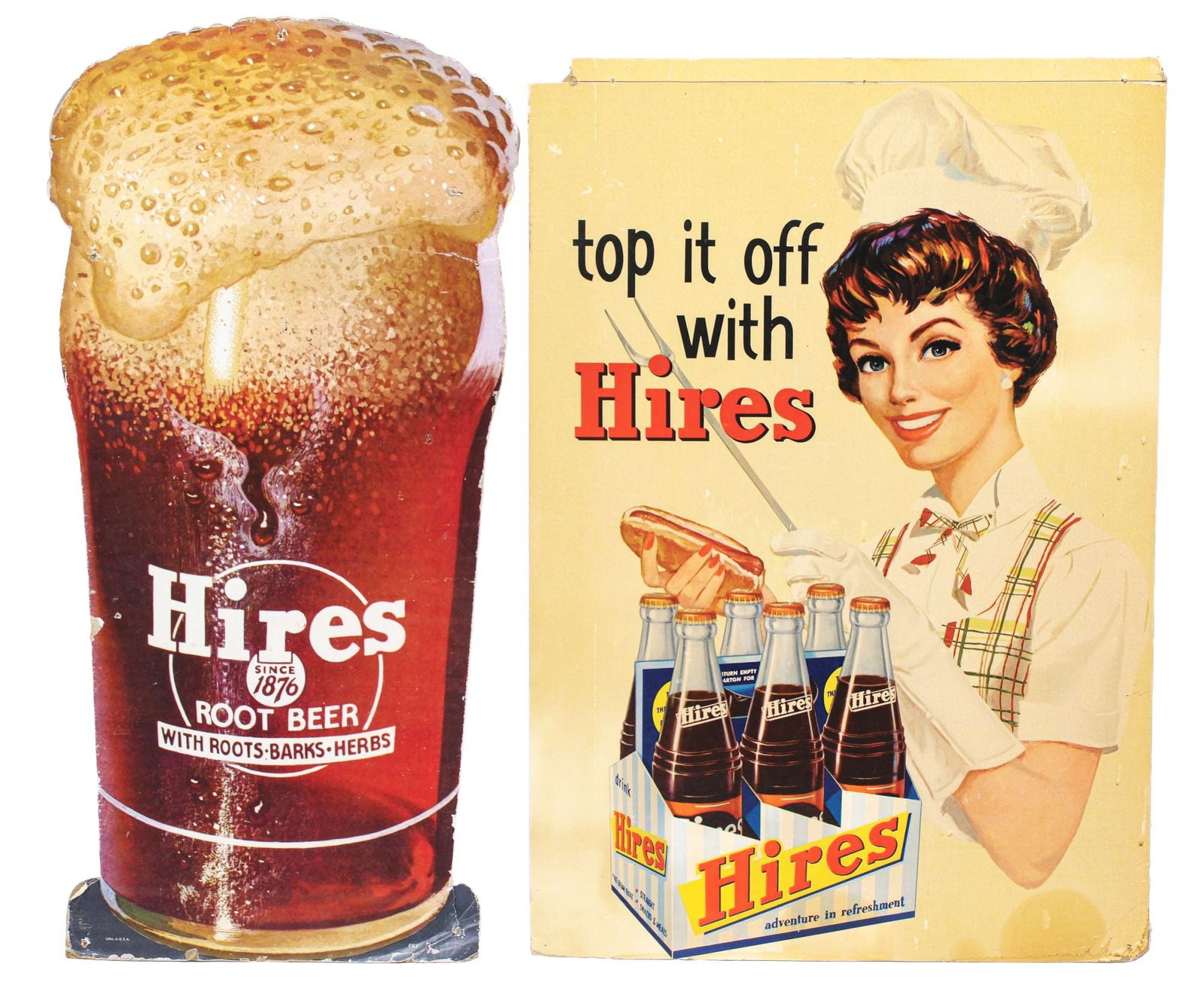 COLLECTION OF 2 HIRES ROOT BEER SIGNS: A nice collection of 2 Hires Root Beer signs, featuring the iconic company logo and 6-pack graphic. CONDITION: (A) The die-cut root beer glass cardboard sign shows heavy wear throughout the outer edge
