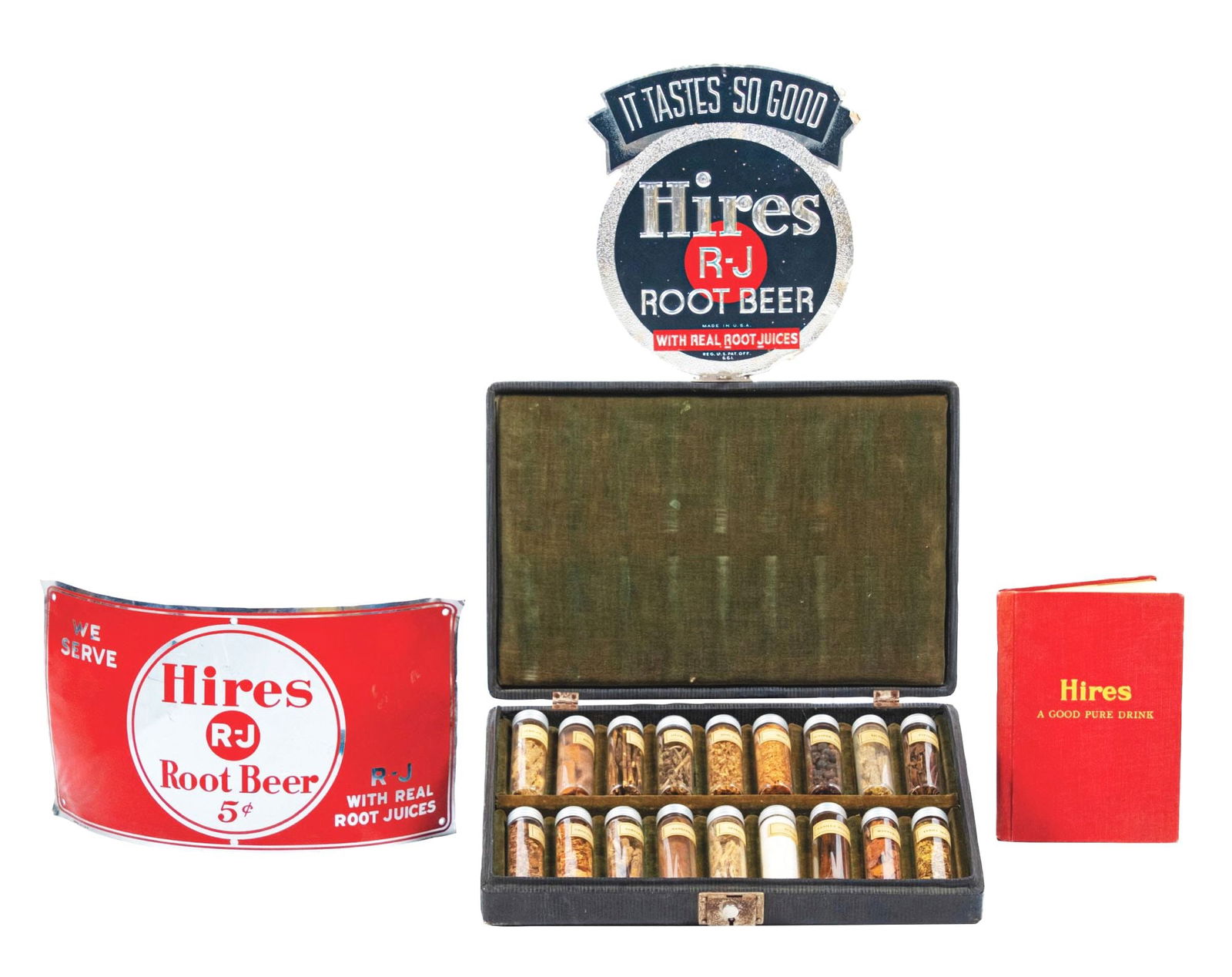 COLLECTION OF 4 HIRES ROOT BEER PIECES: A c. 1940s Hires Root Beer pieces. CONDITION: All three pieces have minor wear. (A) The barrel sign has minor bends and surface scratching throughout the face. (B) The book is in excellent condition w