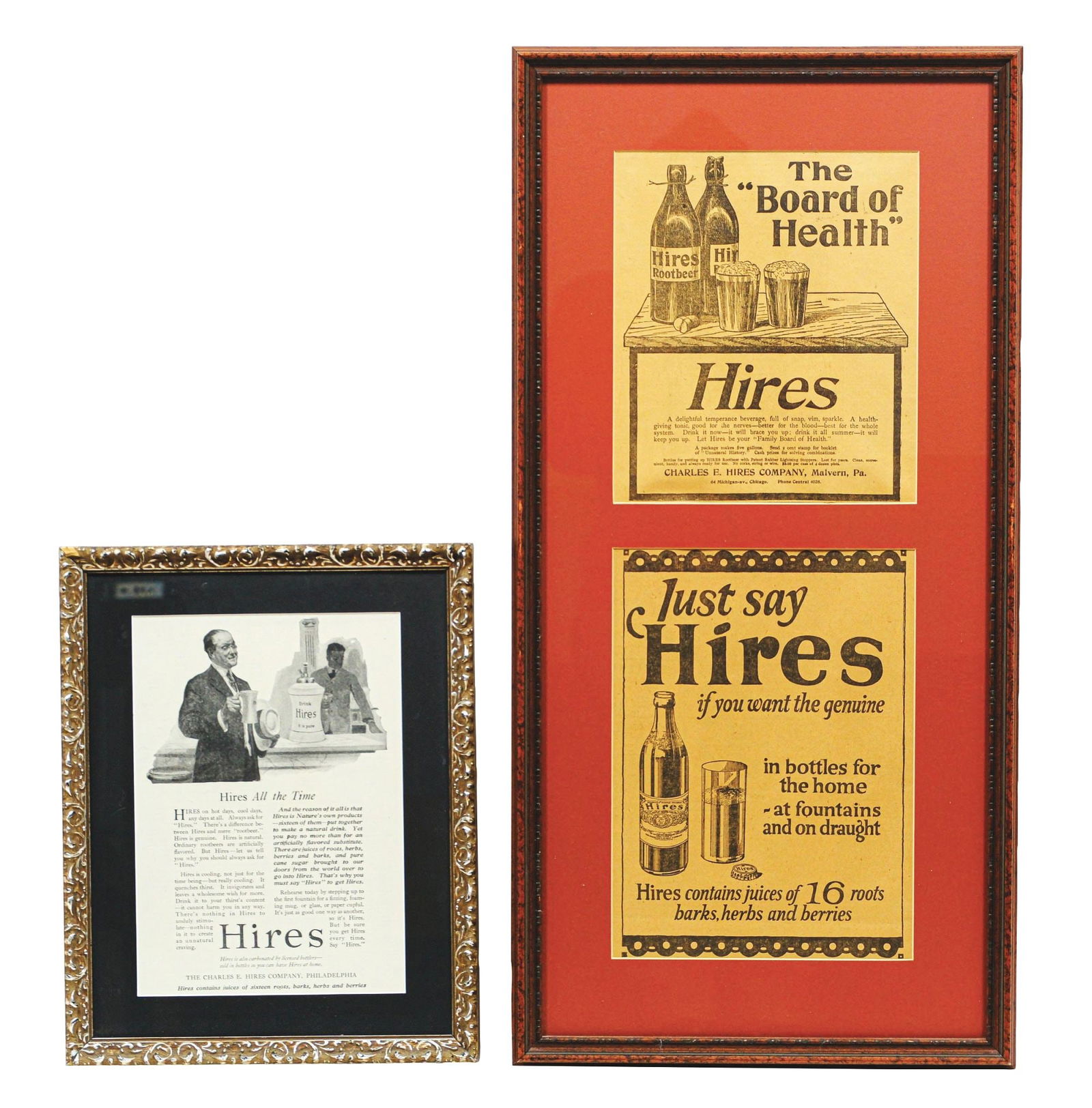 COLLECTION OF 2 PROFESSIONALLY FRAMED HIRES ROOT BEER ADVERTISEMENTS W/ VARIOUS BOTTLES & SYRUP: A collection of two early professionally framed and matted Hires Root Beer advertisements. CONDITION: (A) The paper has significant browning on both pieces, but remains strong, with only minor fade to