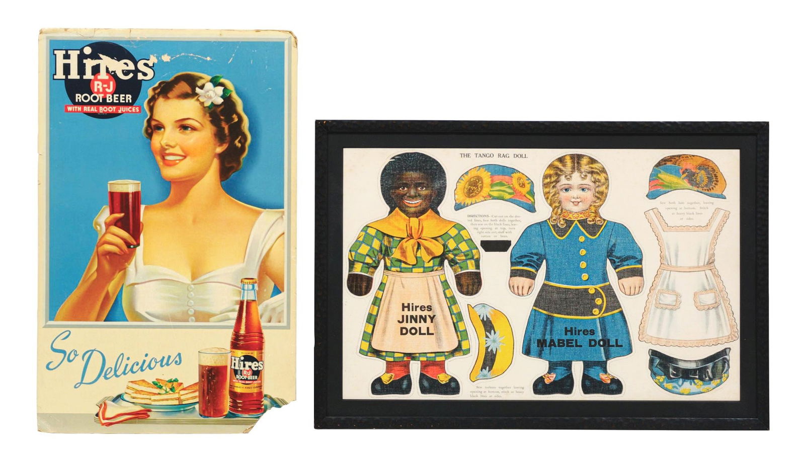 COLLECTION OF 2 HIRES ROOT BEER LITHOGRAPH & CLOTH BANNER W/ VARIOUS GRAPHICS: A collection of two Hires Root Beer lithographed and cloth banner advertising pieces. CONDITION: (A) The sign has good color throughout with minor tears and scuffs to the cardboard at the top edge of